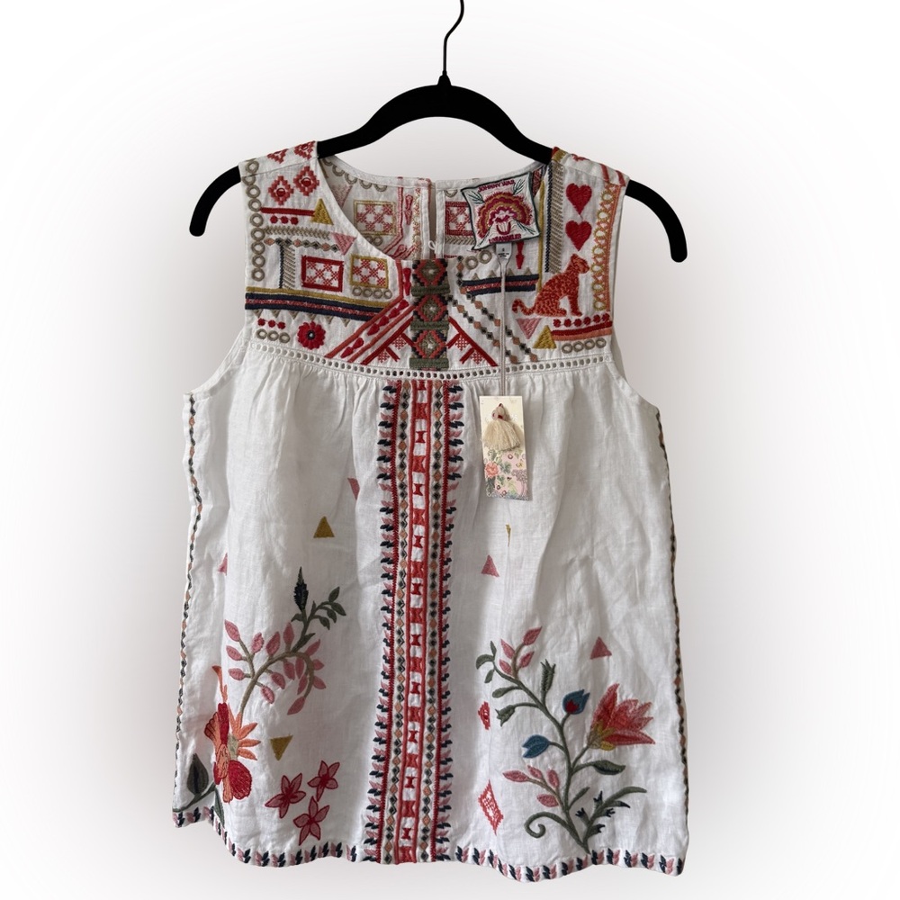 NWT - Johnny Was - Relaxed Yoke Tank Georgia White Embroidered Linen Top - S